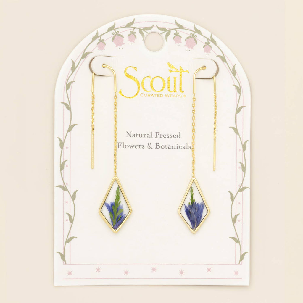 Pressed Flower Thread Earring - Purple Cornflower/Gold