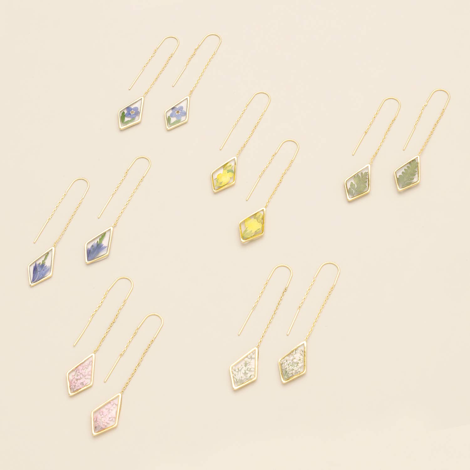 Pressed Flower Thread Earring - Purple Cornflower/Gold